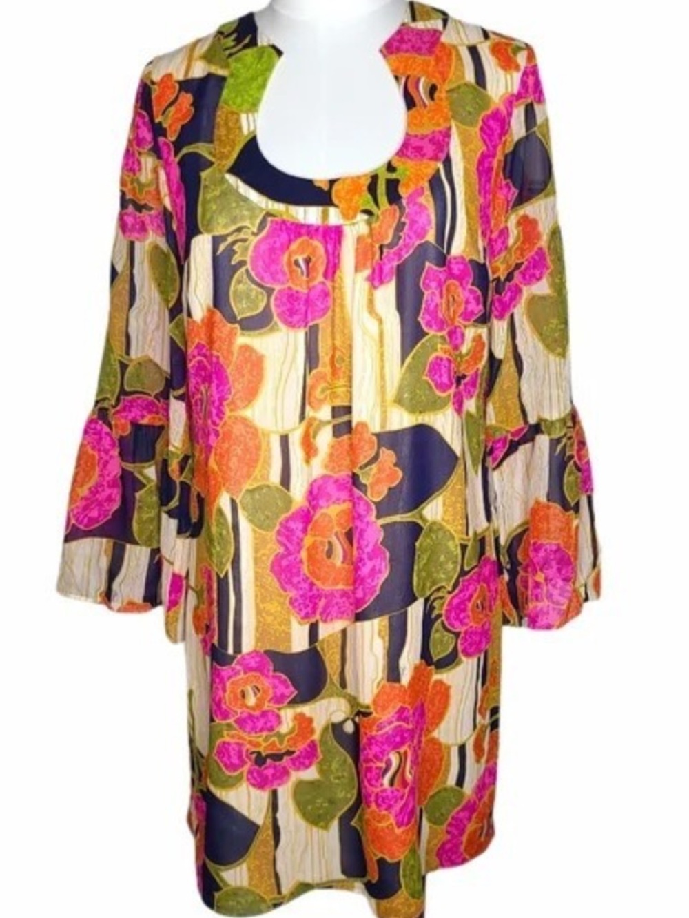 Trina Turk Bonita Floral Bell Sleeves Silk Mini Dress, retail 383.00